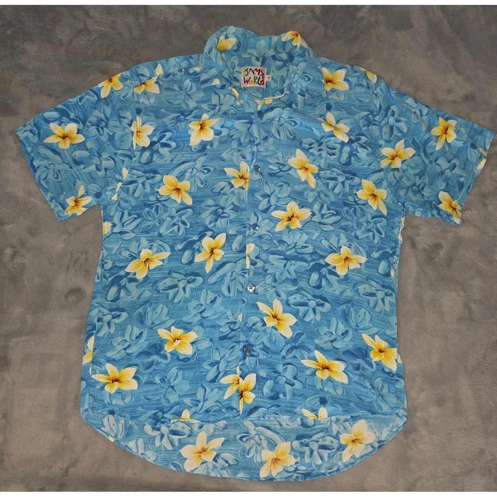Vintage Jams World Blue Floral Hawaiian Button Down Camp Shirt  Size Small Rayon